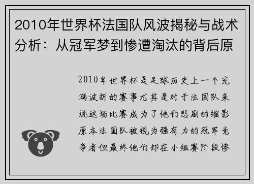 2010年世界杯法国队风波揭秘与战术分析：从冠军梦到惨遭淘汰的背后原因