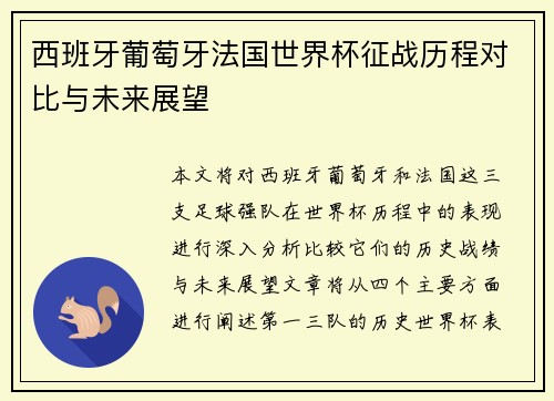 西班牙葡萄牙法国世界杯征战历程对比与未来展望