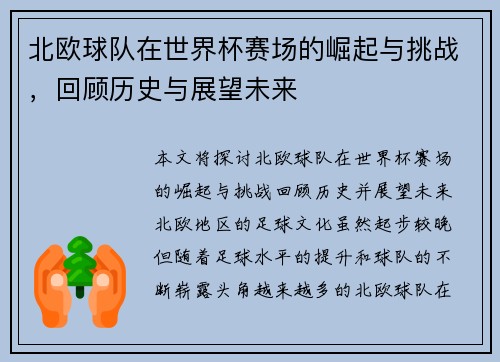 北欧球队在世界杯赛场的崛起与挑战，回顾历史与展望未来