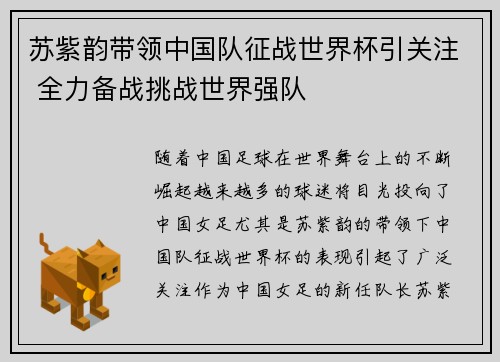 苏紫韵带领中国队征战世界杯引关注 全力备战挑战世界强队